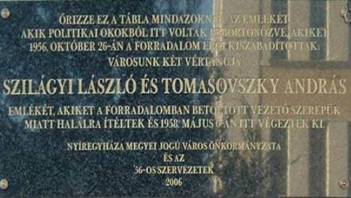 1956-os forradalom mártírjainak emléktáblája Forrás:Sz-Sz-B-Megyei Bv.Intézet